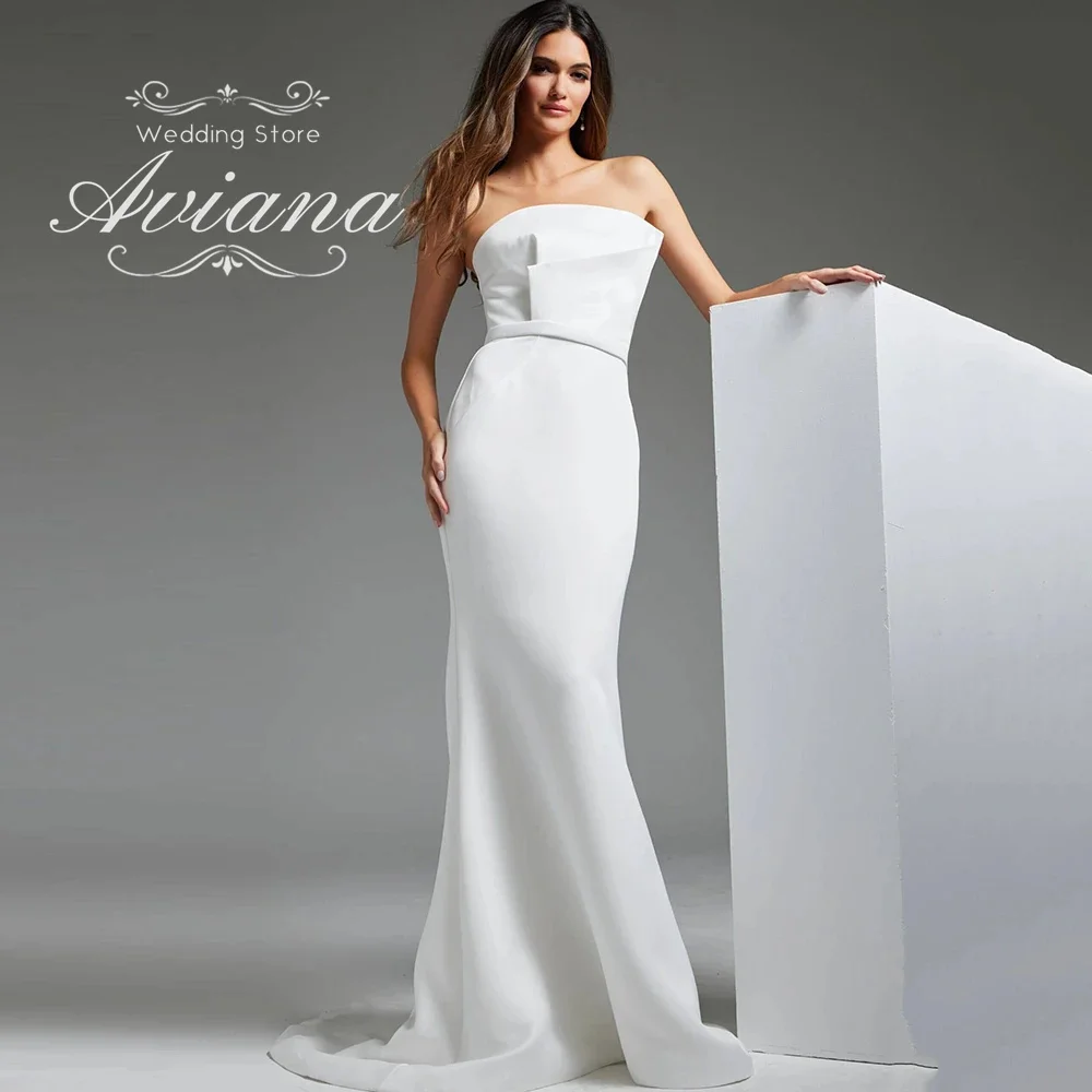 

Aviana Customized Strapless Mermaid Bridal Gown Satin Fabric Asymmetric Bodice ButtonsBack LongTrain Wedding Dress Elegant 2025