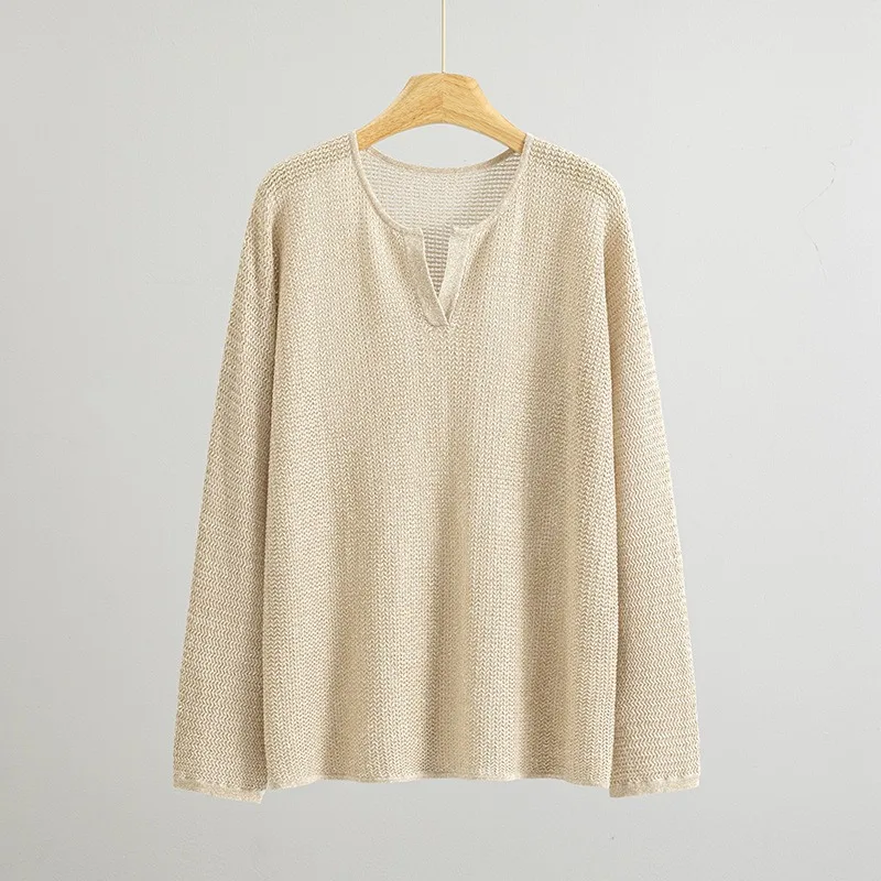 Linen Openwork Jacquard Scissor Collar Cool and Breathable Knit Cover-up Women Tops