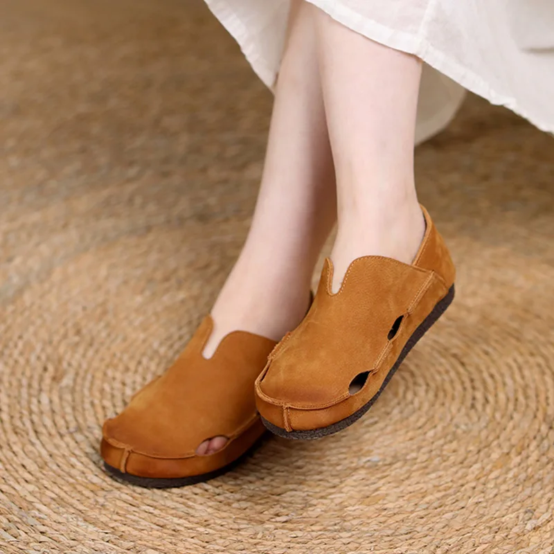 

2022 New Cowhide Round Head Hollow Flat Bottom Women's Leather Retro Casual Shoes Sandals Women Comfortable Women Leather Shoes