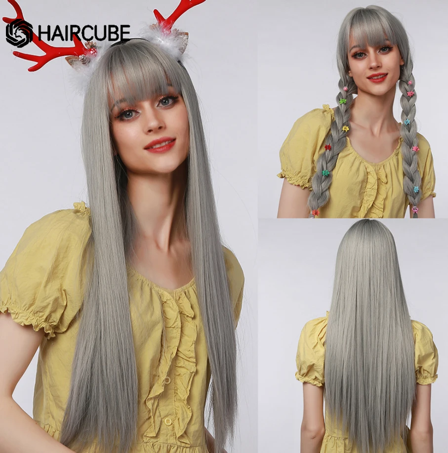 HAIRCUBE Long Gray Blue Synthetic Wigs for Women With Bangs Natural Hair Daily Party Heat Resistant Natural Hair Fiber Wigs