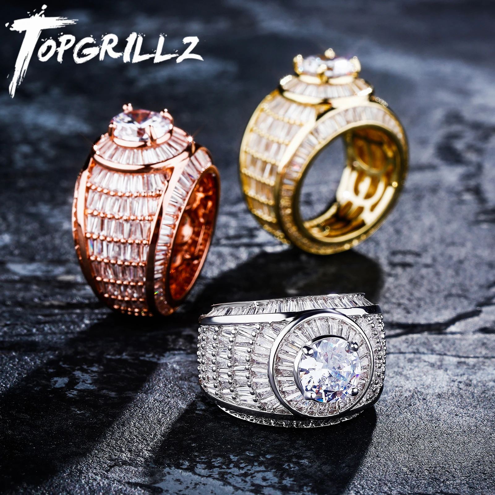 TOPGRILLZ Hip Hop Baguette Cluster CZ Ring High Quality White Gold Color Fully Iced Zircon Rings Fashion Rap Jewelry For Gift