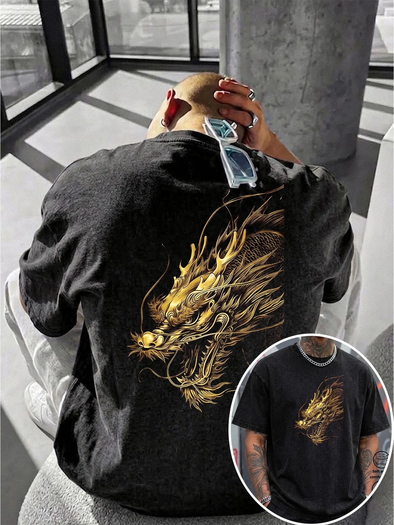 Men's Washed Cotton T-shirt Retro New Chinese Golden Line Dragon Print Delicate Line Gilded Texture Short Sleeve S-3XL