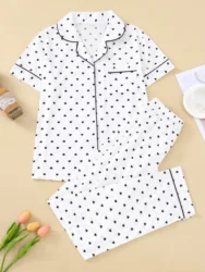 Casual heart-print women's pajama set Short sleeved button-down lapel top and elasticated waistband trousers Women's loungewear