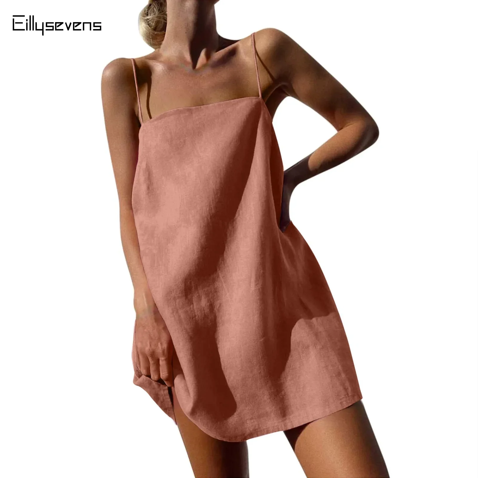 Women\'s Casual Spaghetti Strap Dress Solid Color Sleeveless Mini Dress Summer Beach Loose Swing Dresses Cotton Linen Robe