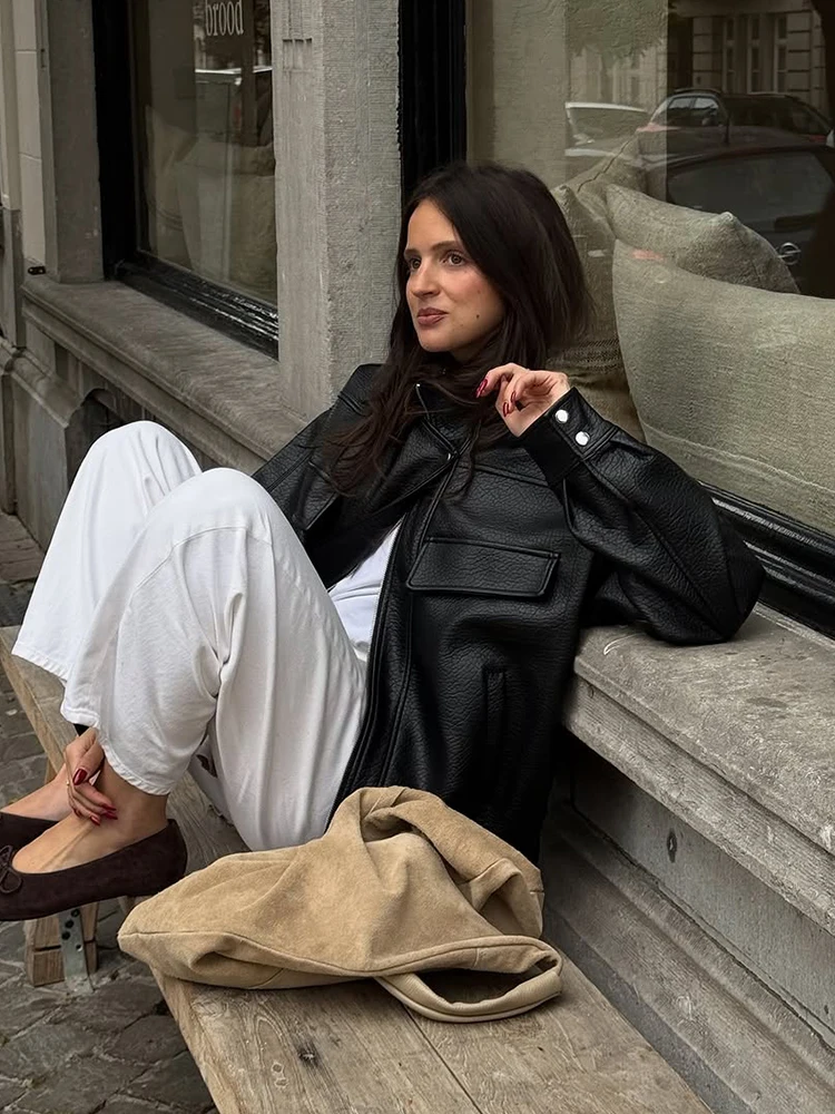 Chaqueta corta de cuero negra Retro para mujer, chaquetas holgadas de manga larga con cuello levantado y cremallera, prendas de vestir para ir al trabajo diario