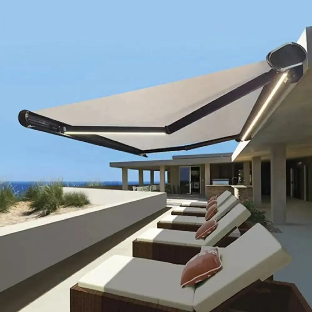 Motorized Retractable Full Cassette Patio Deck Awning with Extendable Folding Arms and LED Lights All Weather Outdoor Sunshade