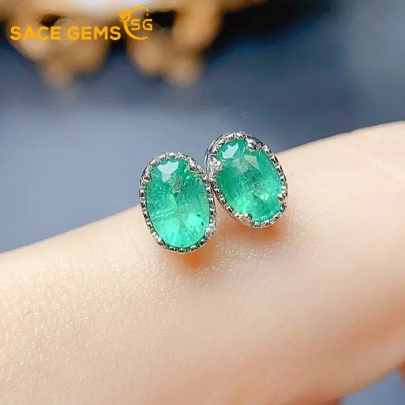

SACE GEMS Fashion Jewelry Earrings for Women 925 Sterling Silver 4*6MM Natual Emerald Stud Earrings Wedding Party Fine Jewelry
