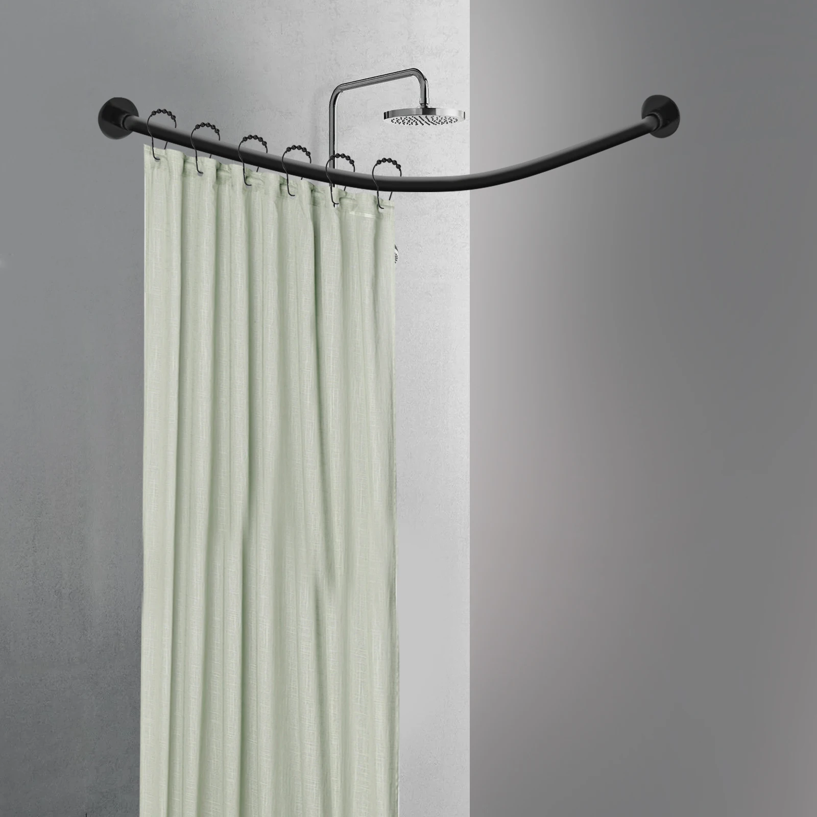 Shower Curtain Rail Corner L Shape No Drilling Stainless Steel Telescopic Rod with Shower Curtain Rings