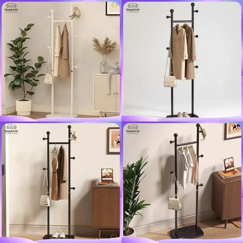 Carbon Steel Coat Rack Floor Standing Metal Clothes Hanger Simple Modern Entryway Hall Tree Organizer with Hooks for Bedroom