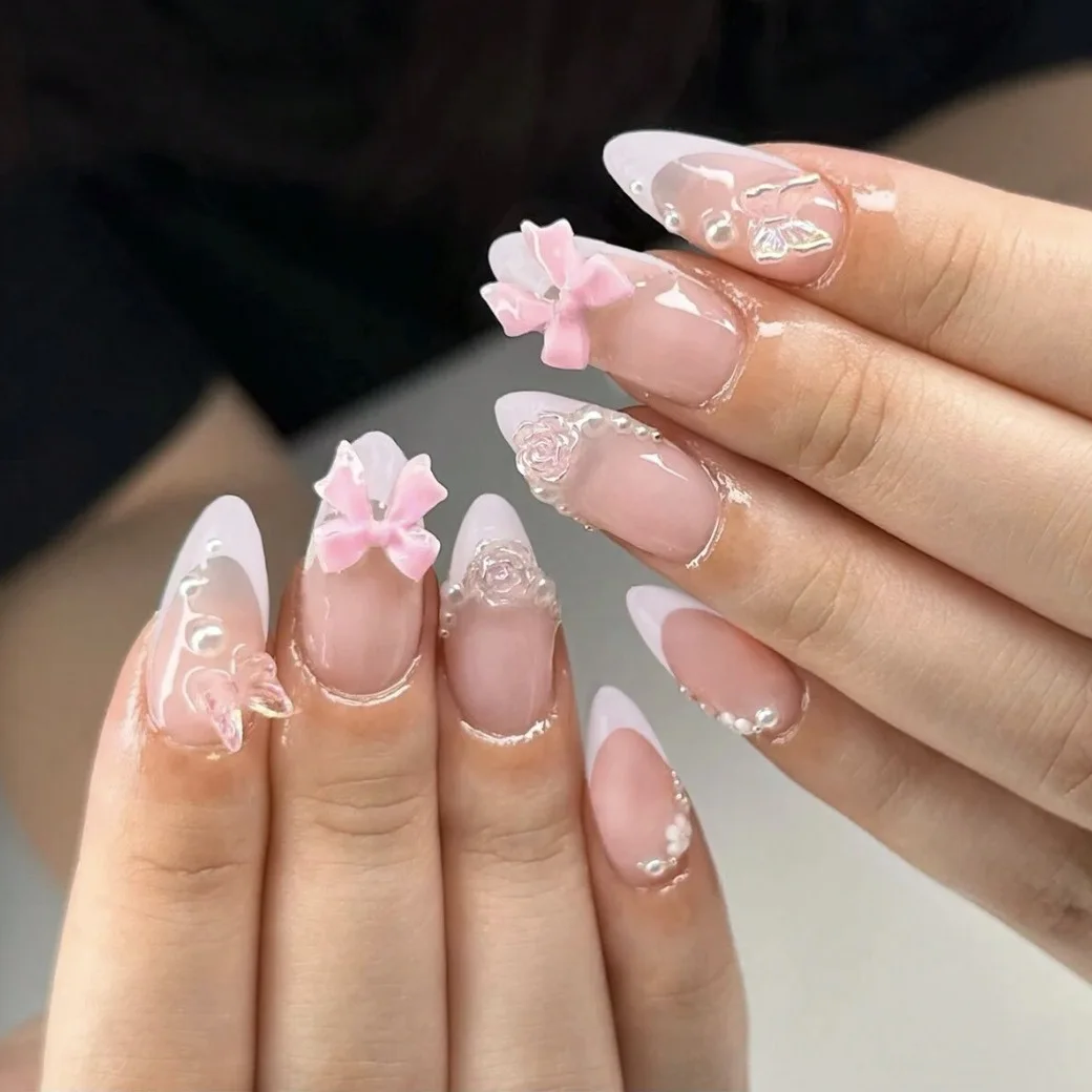 

24pcs Butterfly Almond Fake Nails Bow Design Pink False Nail Art Sweet Flower Pearl Press on Nails Detachable French Manicure