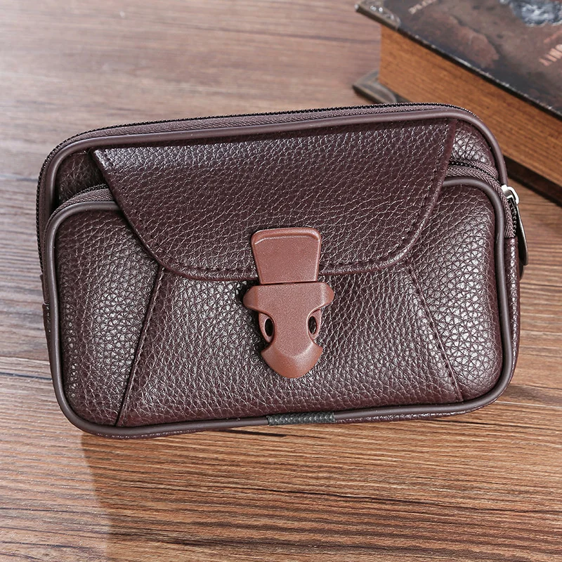Multifunctional Leather Waist Packs Solid Color Men Business Style Belt Bag Horizontal And Vertical Section Wallet Case Purse
