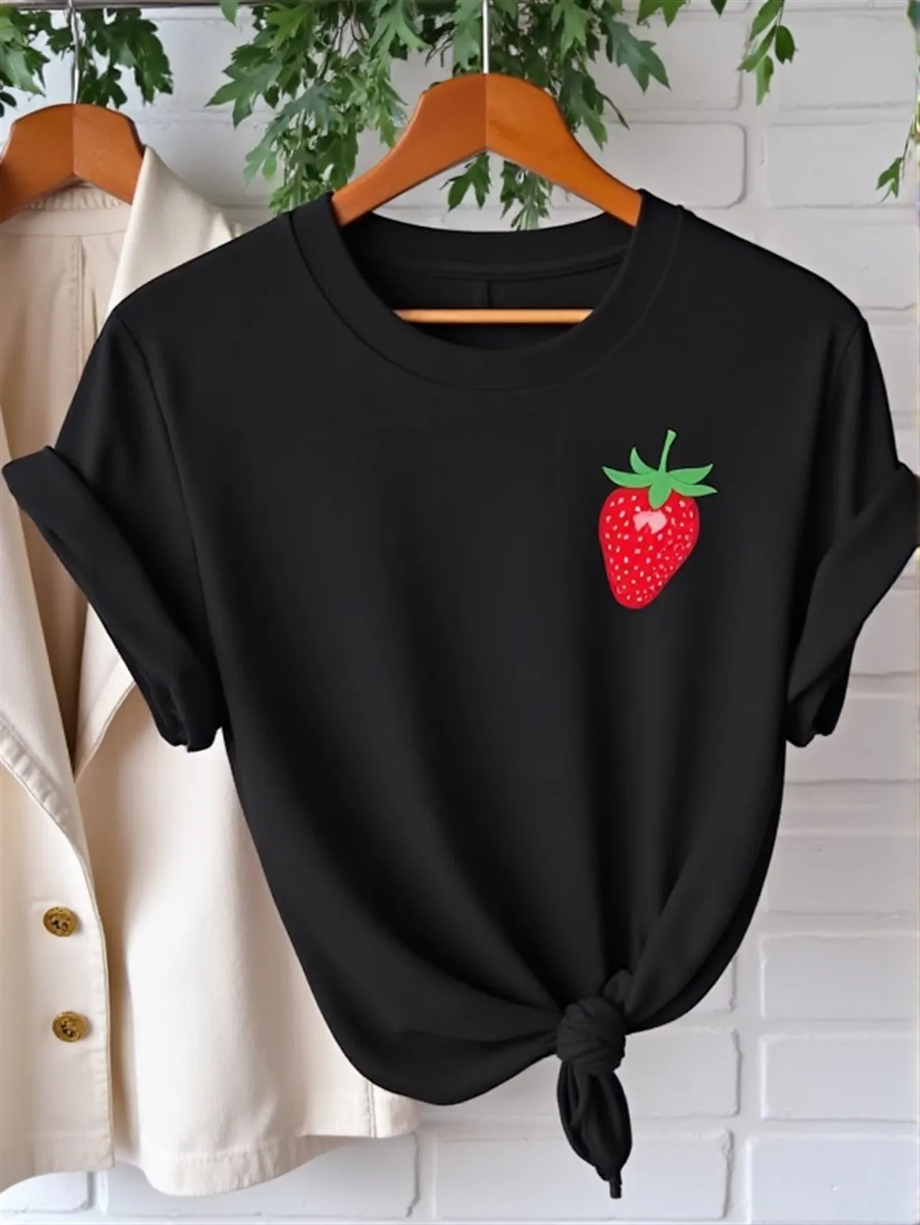 Damen Y2K Erdbeer-Grafik-T-Shirt, Rundhalsausschnitt, kurze Ärmel, mit linker Brust, roter Erdbeer-Druck, Harajuku, kurze Ärmel, lässig