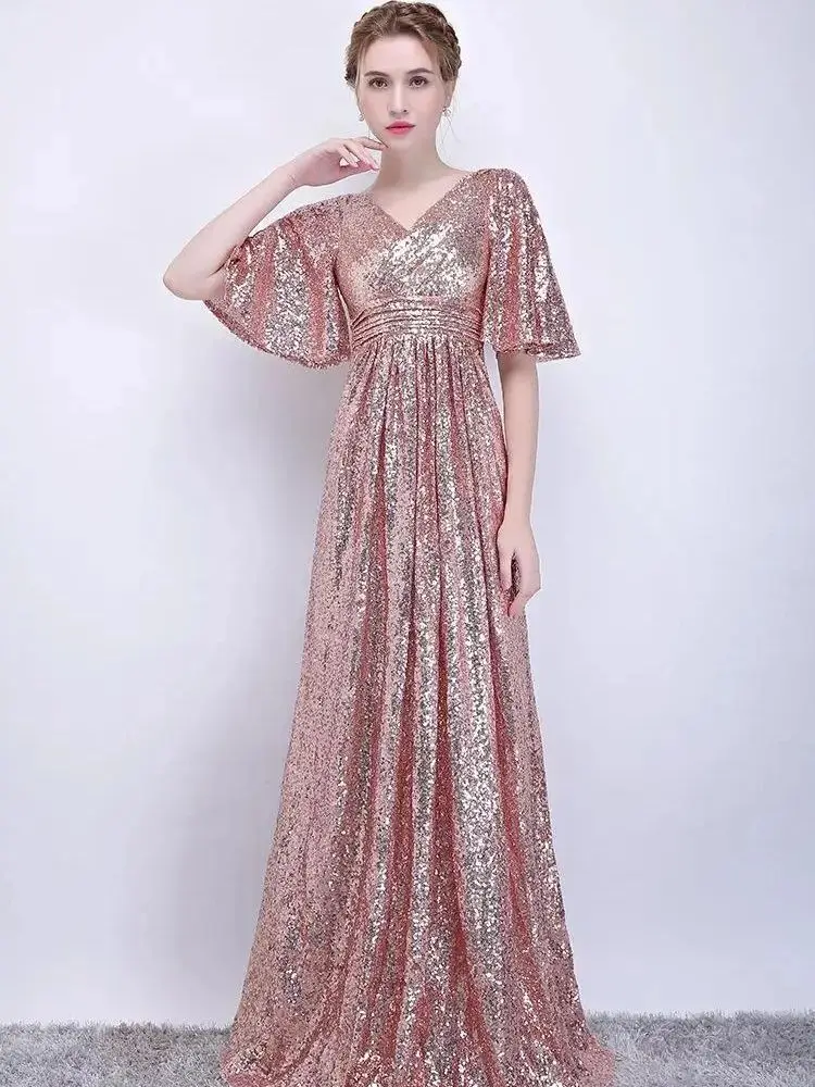 

Banquet Evening Dress For Women 2024 New Rose Gold Sequined Bridesmaid Dresses Women's Formal Party Gowns Vestido Boda Invitada