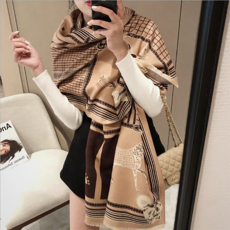 Autumn/Winter Fashion Horse Scarf Imitation Cashmere Simple Fringe  Wraps Versatile Warm Tassels Windproof Tassels Large Shawl