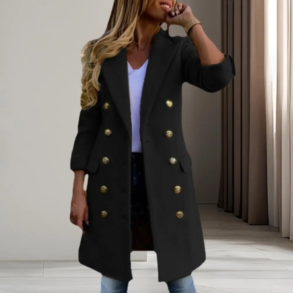 

Warm Women Jacket Slim Fit Wool Jacket Elegant Double-breasted Women's Jacket with Turn-down Collar Pockets Slim for Commuting