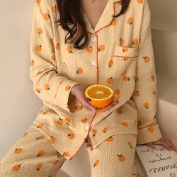 Kawaii Mulheres Pijamas Set Algodão 2 Peça Pijamas Laranja Terno Casa Mulheres Bonito Pijamas Primavera Pijamas Manga Longa Conjuntos Pijamas Pijamas