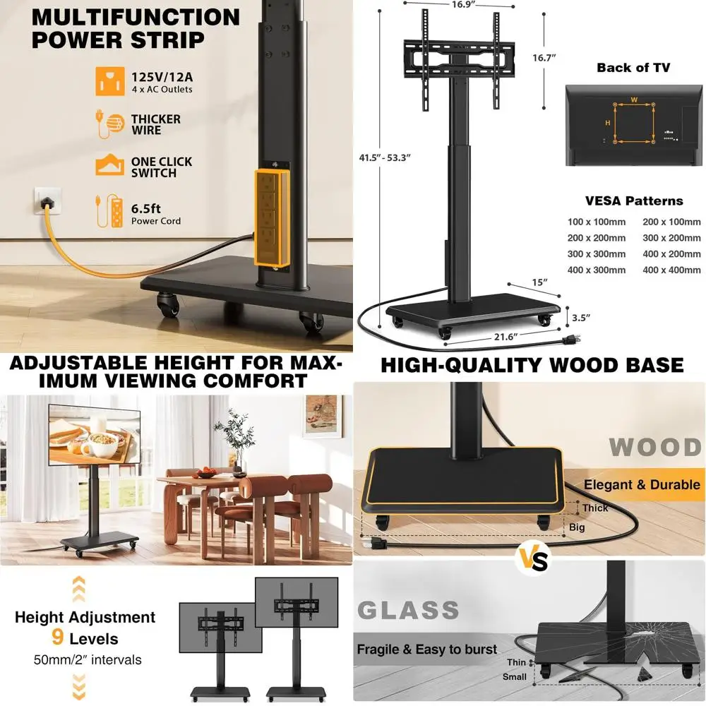 

Регулируемая по высоте подставка для телевизоров 32-70 дюймов на колесиках - черная деревянная основа с розеткой