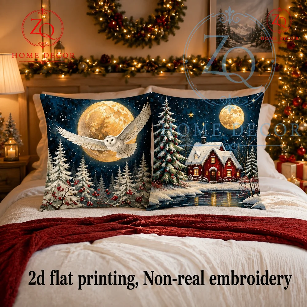 Vintage Winter Snowy Night Snow Owl  Full Moon Throw Pillow Cover Rustic Christmas Farmhouse Decor Cushion Case