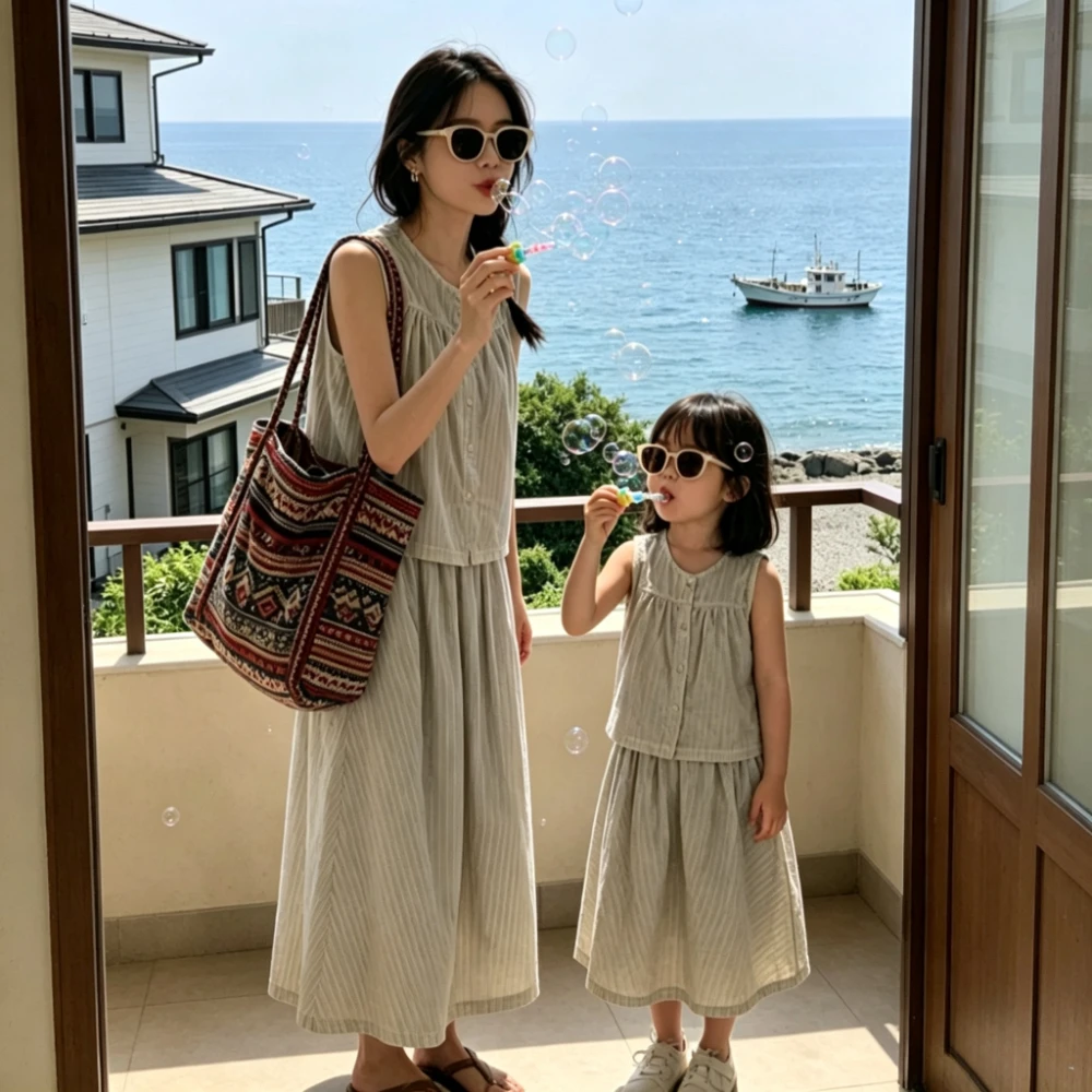 Mom and Daughter 2 Piece Set Family Matching Outfits Korean Style Mommy Me Matching Linen Cotton Sleeveless Vest Skirt Clothes
