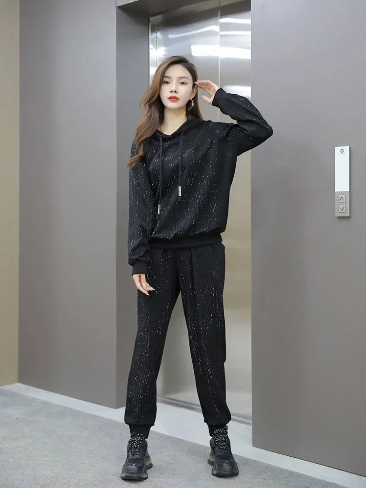 Fashion Suit Women Oversized 2022 Autumn Winter New Heavy Hot Drilling Slimming Loose Elegant Streetwear Casual Two-Piece Set