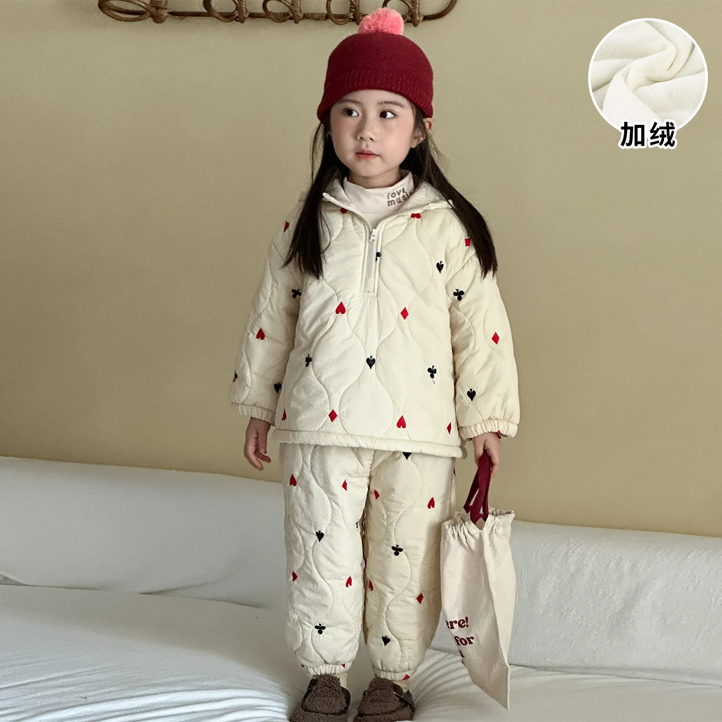 

Children's Cotton Embroidered Set Autumn and Winter Hooded Velvet Warmth 2025 New Baby Cotton Coat Pants