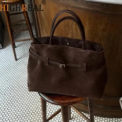 Winter Big Capacity High-end Frosted Cowhide Leather Women's Handbag Coffee Solid Color Matte Suede Leather Female Shoulder Bag