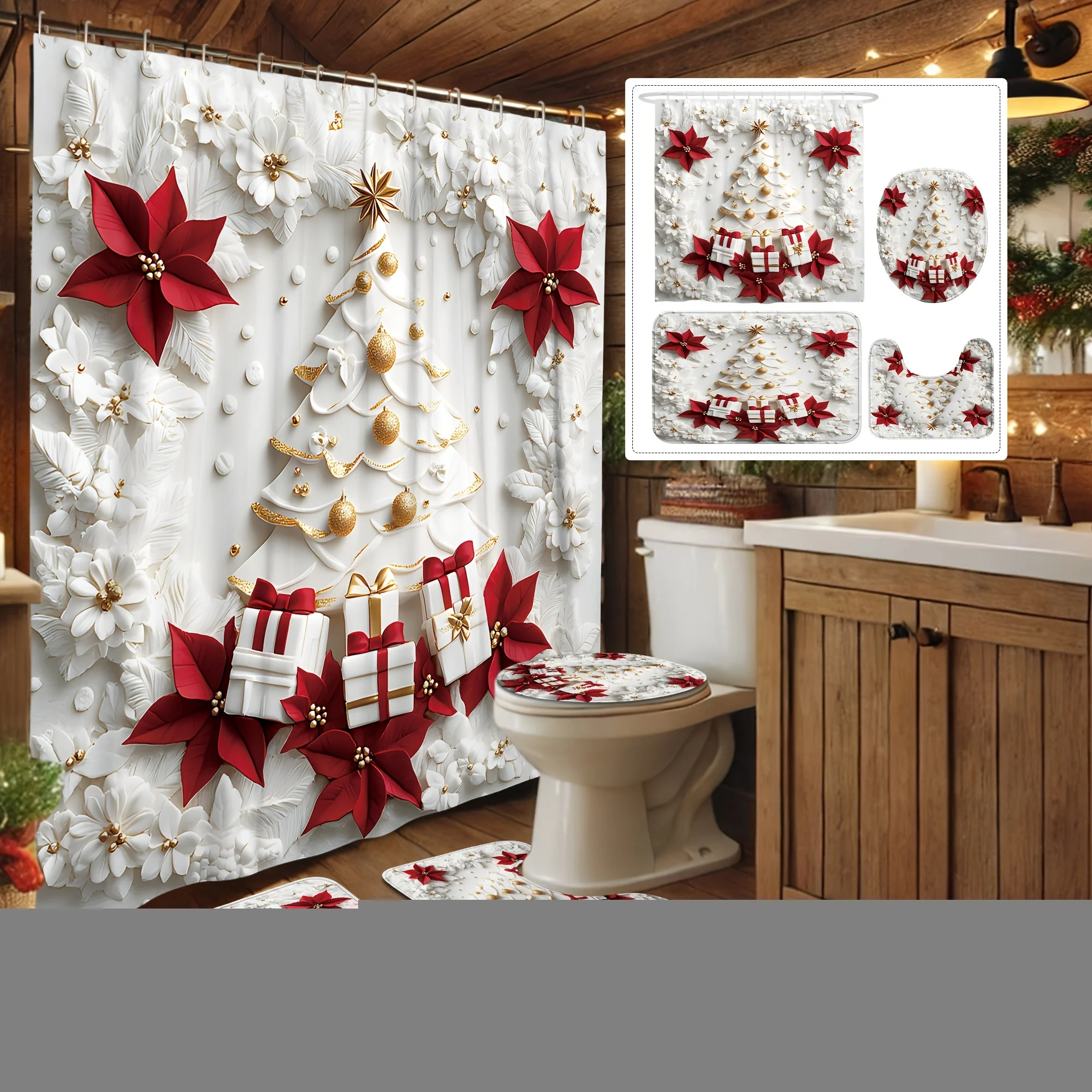 4Pcs Xmas Winter Bath Set,Red Gold White 3D Tree Design, Washable Shower Curtain, 12 Hooks, Non-Slip Mat & U-Shaped Toilet Cover