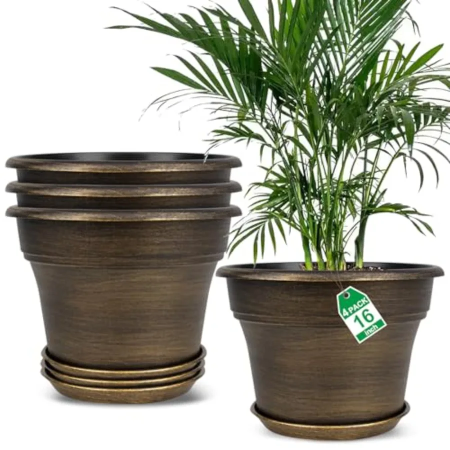 

16 inch Plant Pots Outdoor Planters 4 Pack Large Plastic Flower Pot for Indoor Plants with Drainage Holes Saucer Resin Decorati