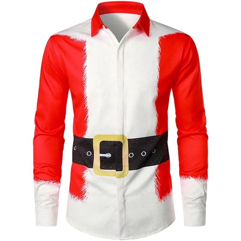 

Fake Belt Funny Merry Christmas Lapel Men's Shirt Santa Claus Cosplay Pattern Long Sleeve Shirt Men's Fake Suit Camisole Top