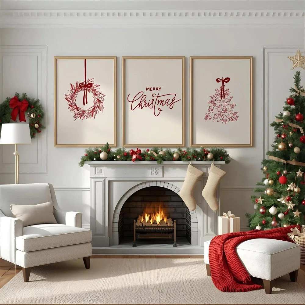 Simple Christmas Canvas, Red Thread Draft, Flower Wreath, Christmas Tree Poster, Living Room, Bedroom, Holiday Decoration