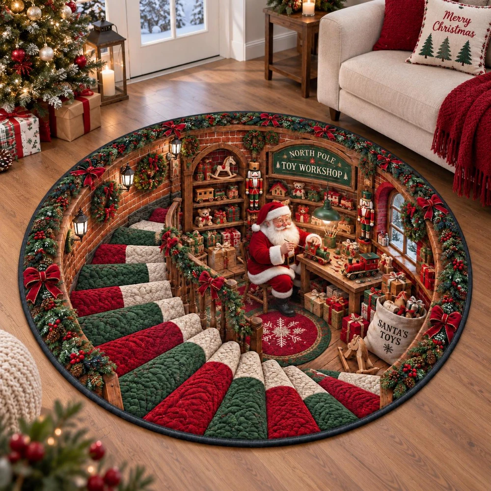 Vintage Santa Workshop Round Rug North Pole Brick Wall Area Rug Holiday Entryway Living Room Bedroom Soft Floor Mat