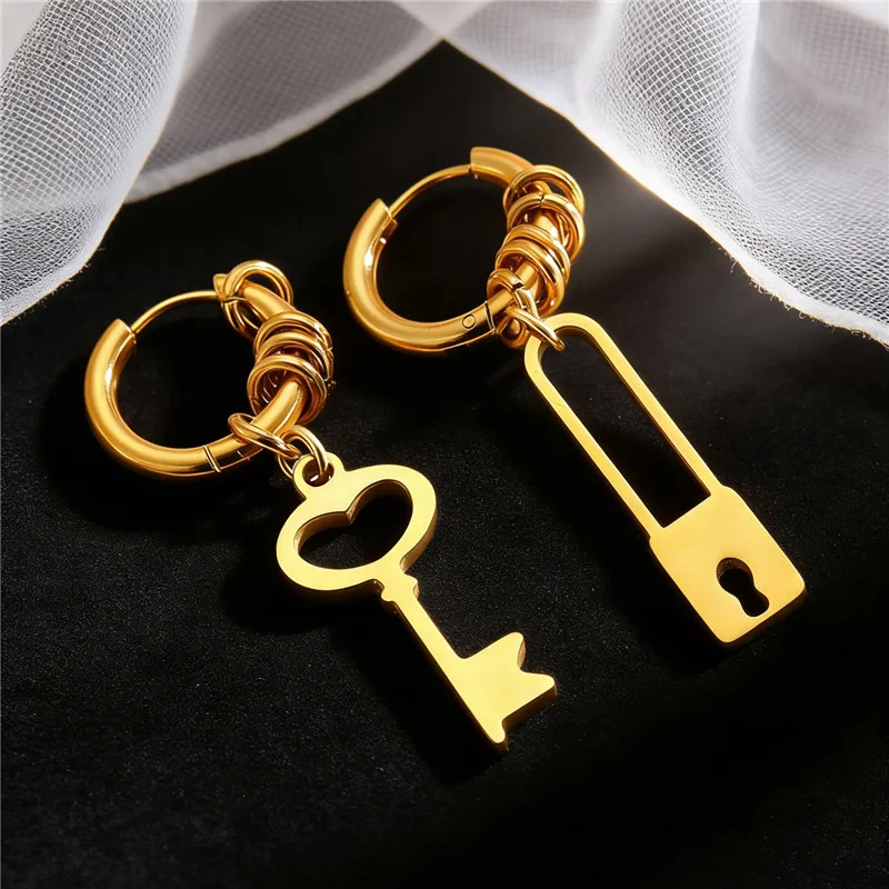 Asymmetry Stainless Steel Gold Color Hoops Earrings for Women Punk Lock and Key Pendant Long Earring Girls Personality Gift