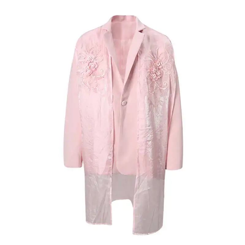 Color Women pink Embroidery Mesh Big Size Blazer New Lapel Long Sleeve Jacket Fashion  Spring Autumn 2026 XLWU