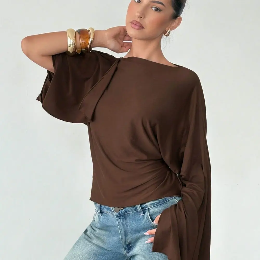 Autumn Fashion Women Long Sleeve Pullover Top Casual Loose Batwing Sleeve Blouse Elegant Tie Detail Streetwear Shirt
