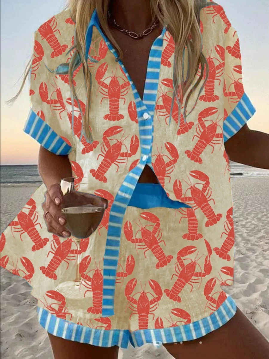 

Y2k Vintage 2 Pieces Shorts Sets for Women Lobster Crab Print Short Sleeve Shirt and Casual Shorts Beachwear Suits Loungewear