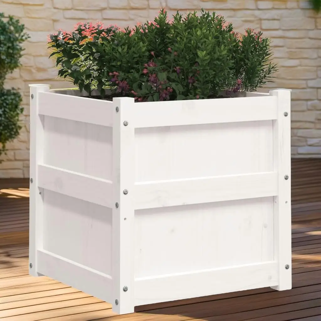 Set of 2 White Solid Pine Wooden Garden Planters for Outdoor Decoration