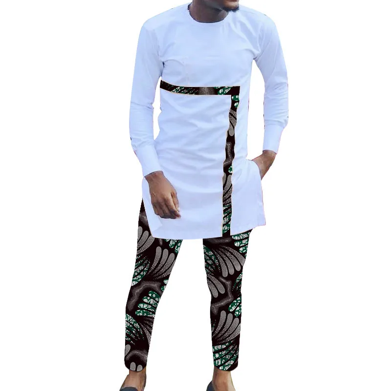 

African Design Couture Men’s White Shirt With Elastic Waist Pant Original Print Party Wear Male Patchwork Tops Nigerian Trends