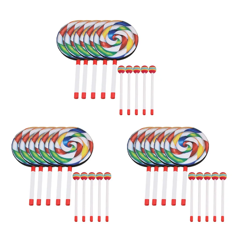 Tambour à sucettes de 8 pouces avec maillet, couleur arc-en-ciel, Instruments de rythme musical, jeu pour enfants et bébés, 15 paquets
