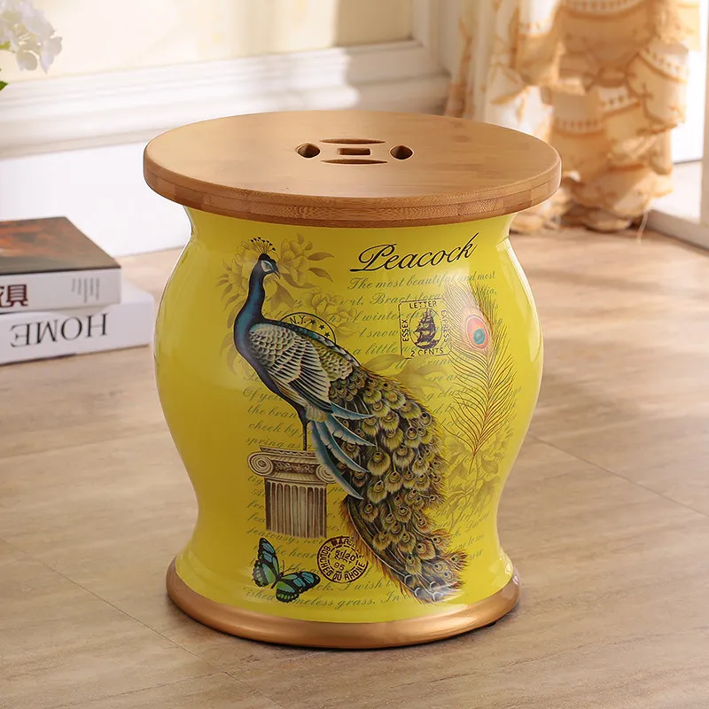 Hand-Painted Ceramic Drum Stool with Floral Bird Relief,Vintage Decorative Porcelain Ottoman for Living Room,Unique Vanity Bench