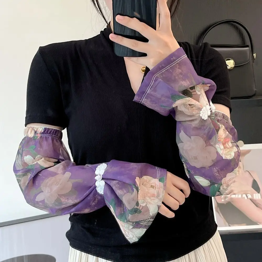 Chinese Style Buckle Printed Ice Silk Sleeves Anti-UV UV Insulation Chiffon Sunscreen Sleeve Flower Long-sleeved Glove