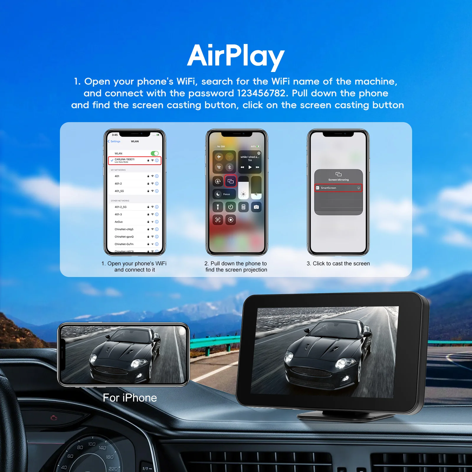 Podofo 4,7'' Carplay Armaturenbrett-Automonitor Android Auto Mirror Link Tragbare Auto-Dashcam Videorekorder BT FM-Übertragung USB TF-Karte EQ-Sound