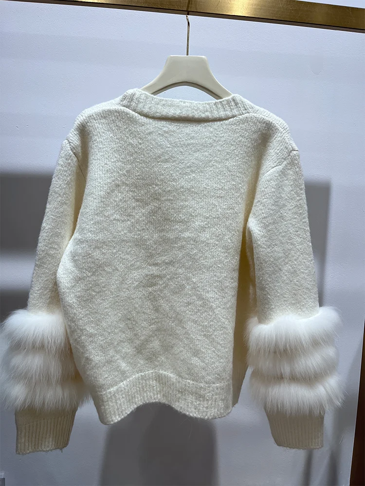 2025年 レディース ニット セーター 本物のキツネの毛皮付き ルーズ 長袖 暖かい Vネック カーディガン ジャケット 女性用 アウター