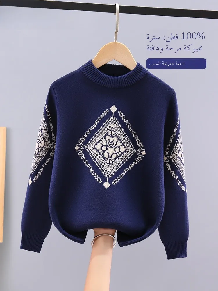 厚手の純綿ニットセーター-男の子用-秋冬スタイル-子供用-暖かいカジュアル長袖ラウンドネックプルオーバー