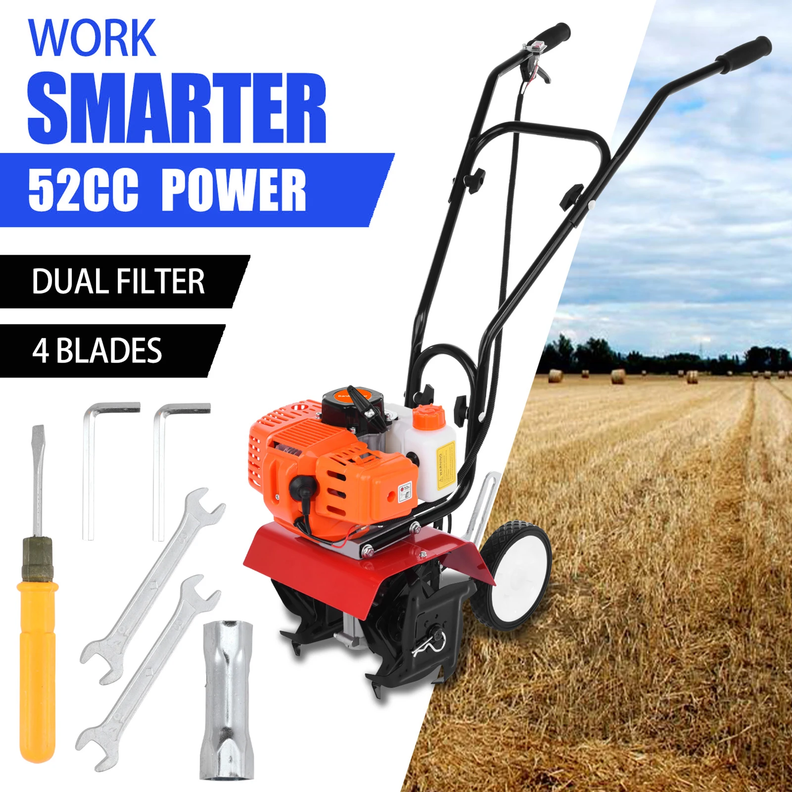 Petrol Cultivator 2 Stroke 9000RPM 1.2L Fuel Tank 6-inch Working Depth 7.9-inch Tilling Width Digging 3HP/1.65kW 52cc Garden Min