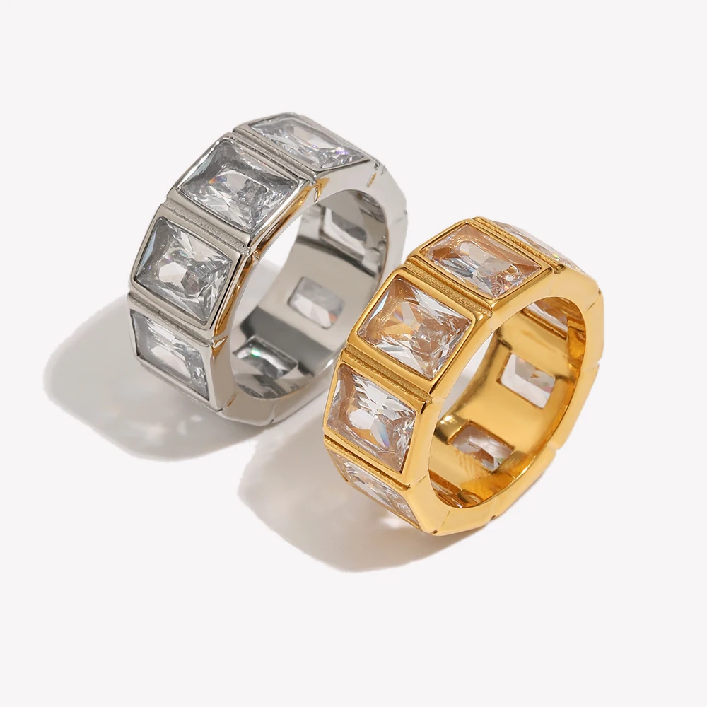 E.B.belle Tennis Ring Full Zircon Hollowed Ring Creative Design Jewelry Accessories Tarnish Free Hypoallergenic Daily Decoration