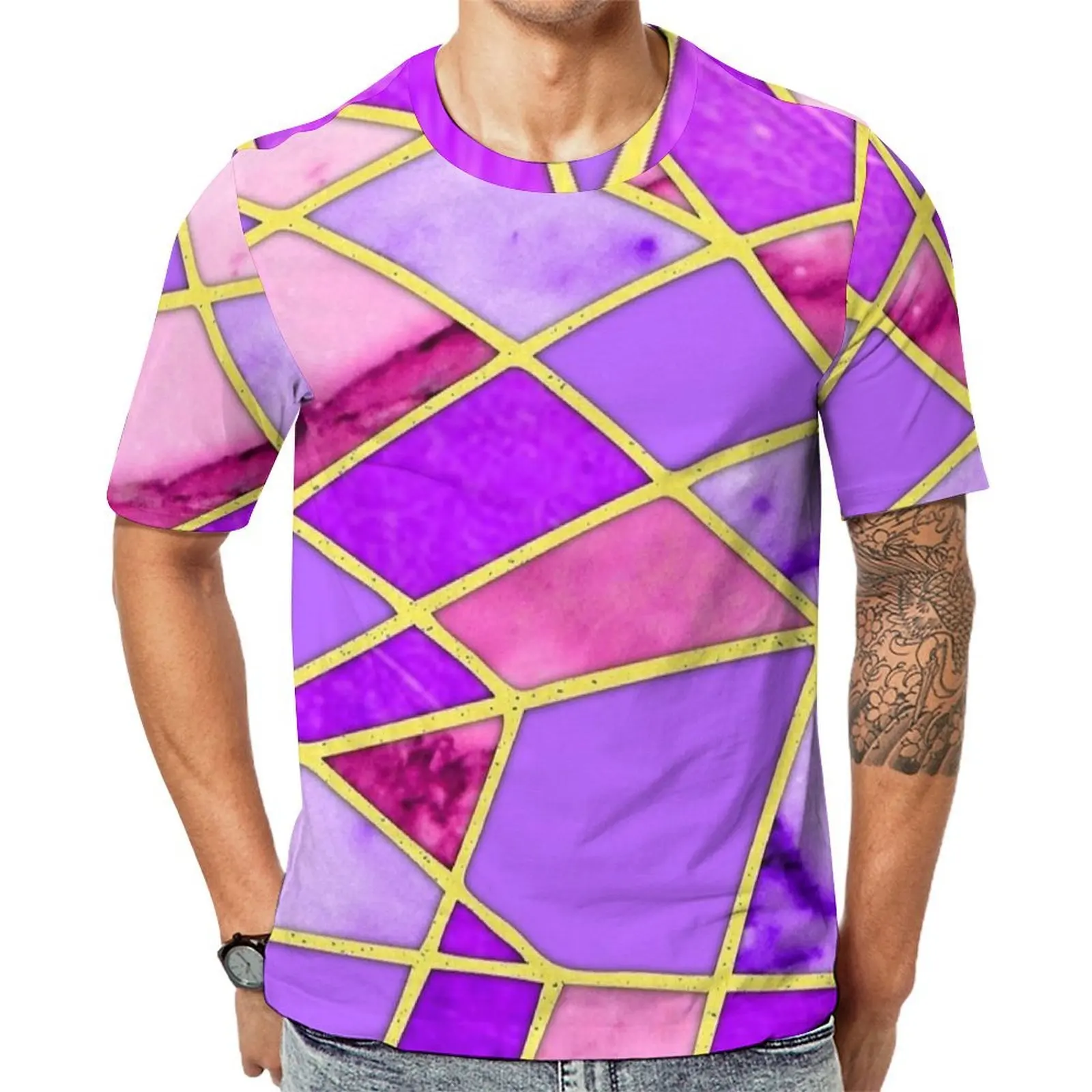 Lavender Gold Marble Tile T-Shirt For Men O Neck T Shirts Summer Harajuku Tops Short Sleeves Casual Oversized Tee Shirt Gift
