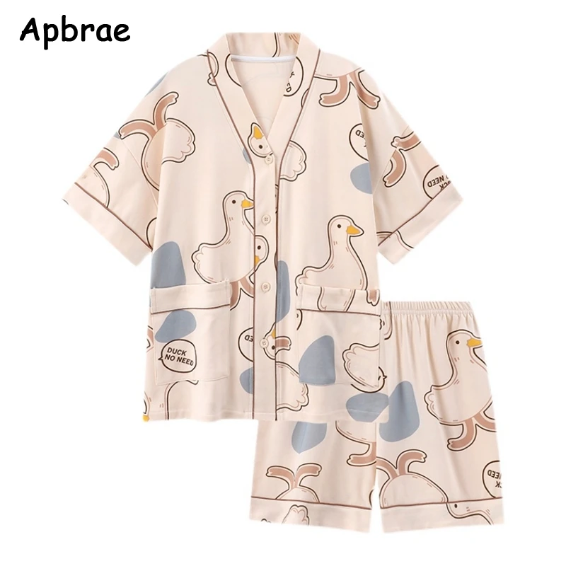 Summer Women Pajamas Soft Cotton Causal Pijamas Cute Duck Print Sleepwear Women Lapel Pyjamas Cardigan Pijamas Casual Pjs