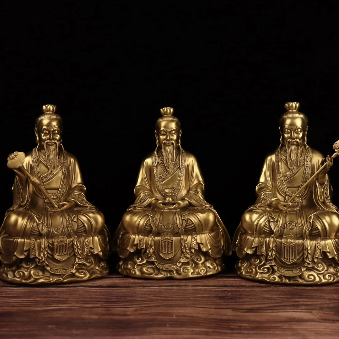 

12" Tibetan Temple Collection Old Bronze Patina Sanqing Daozu Lord Lao Zi Yuanshi Tianzun Lingbao Tianzun seated set Town house