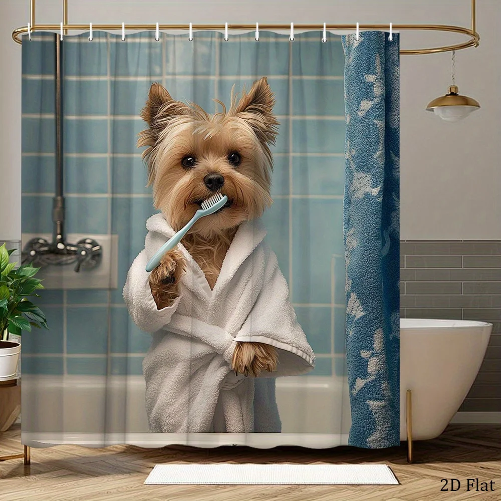 [2D Flat Printing] 1pc Yorkshire Terrier Puppy Shower Curtain, Blue Towel, White Bathtub, Playful Scene, cute Home Bathroom Deco