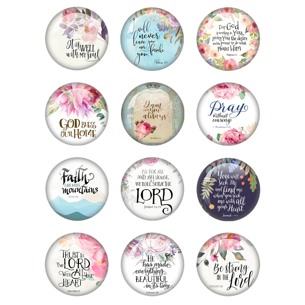 Fashion Flowers Bible Verses Phrases 12pcs 12mm/20mm/25mm/30mm Photo Glass Cabochon Demo Flat Back Making Findings